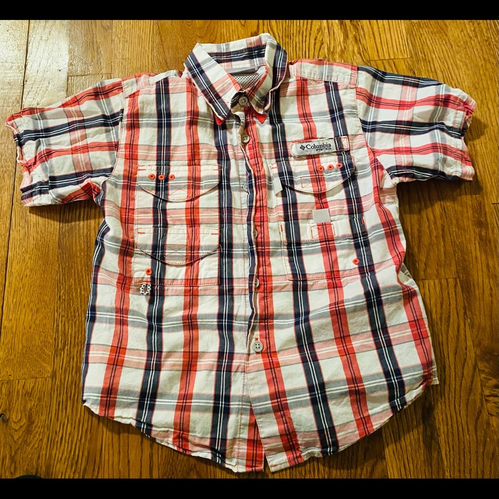 Columbia blue/white/coral checked shirt, XS,